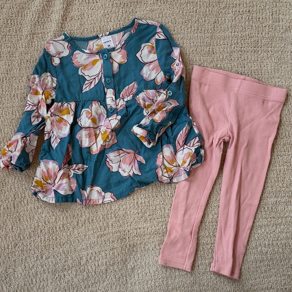 Carter's Teal Floral Top with pink leggings
